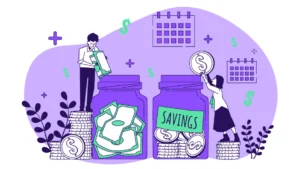 Duas pessoas colocando dinheiro em potes como se estivem economizando.